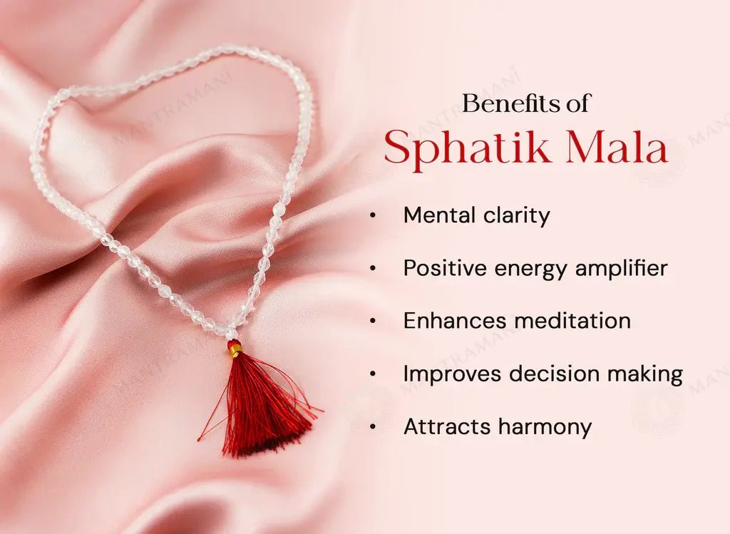 MantraMani Sphatik Japa Mala - 27 + 1 Natural Sphatik / Crystal / Quartz Stone Plain Beads Japa Mala Rosary - Original High Quality Clear Smooth Round Beads Crystal Gemstone Mala