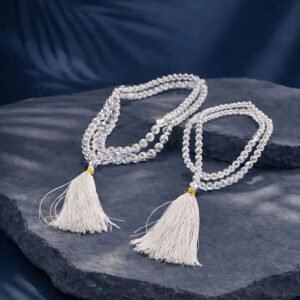 MantraMani Sphatik Japa Mala in Copper - 27 + 1 Natural Crystal / Quartz Stone Plain Beads Japa Mala Rosary - Original High Quality Clear Smooth Round Beads Crystal Gemstone Mala