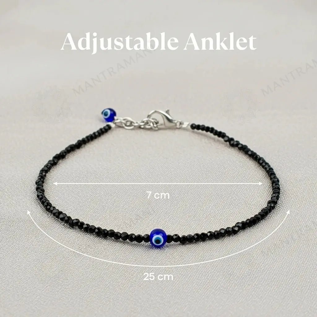 MantraMani Heart Shape Onyx Evil Eye Anklet - Energized Vedic Gemstone Jewelry - MantraMani