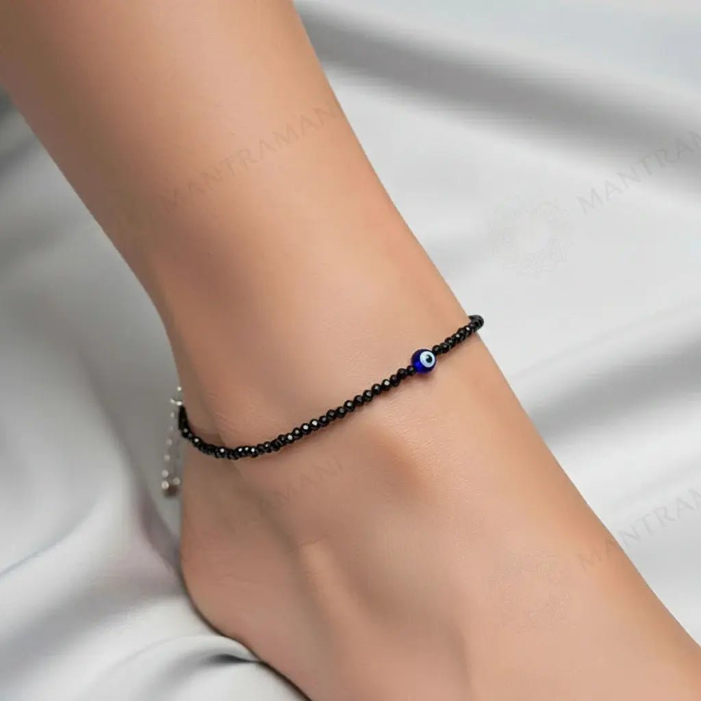 MantraMani Heart Shape Onyx Evil Eye Anklet - Energized Vedic Gemstone Jewelry - MantraMani