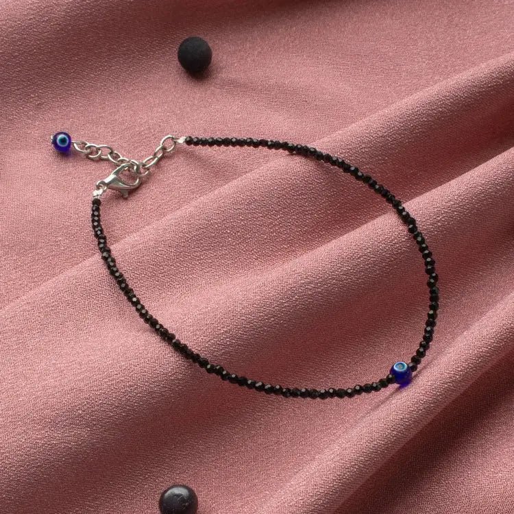 MantraMani Heart Shape Onyx Evil Eye Anklet - Energized Vedic Gemstone Jewelry - MantraMani