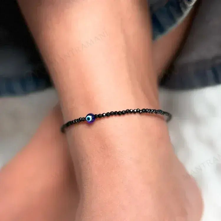 MantraMani Heart Shape Onyx Evil Eye Anklet - Energized Vedic Gemstone Jewelry - MantraMani