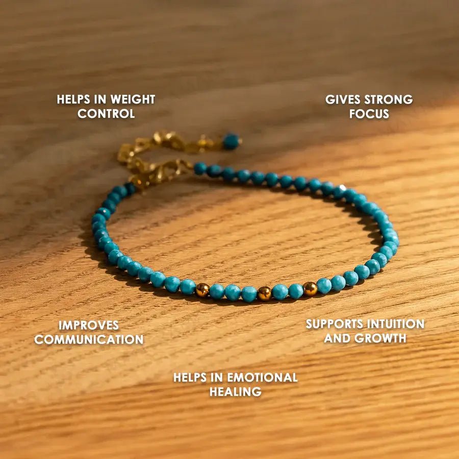 MantraMani Turquoise Diamond Cut Anklet: Strengthens Communication & Confidence - Energized Vedic Gemstone Jewelry - Man...