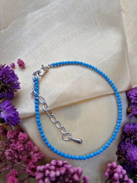 MantraMani Turquoise Diamond Cut Anklet: Strengthens Communication & Confidence - Energized Vedic Gemstone Jewelry - Man...