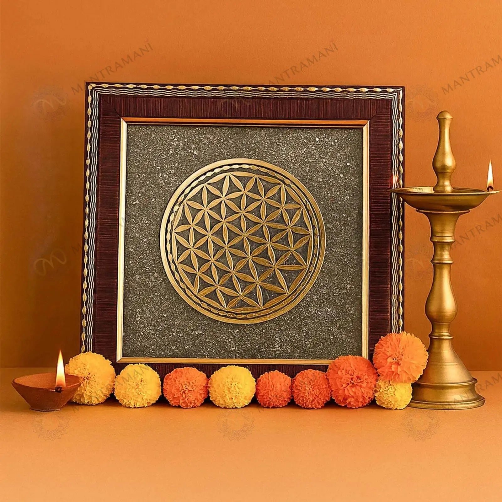 MantraMani Flower of Life Raw Pyrite Frame - Balance & Wealth Energy Frame