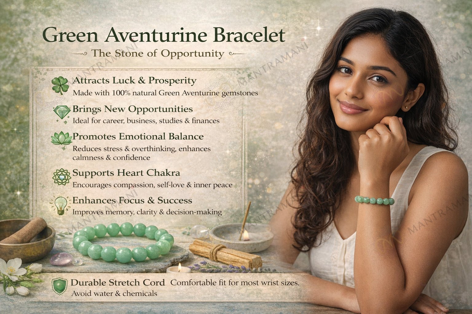 MantraMani FortuneFlow Green Aventurine Bracelet for Luck, Wealth & Emotional Healing - Energized Vedic Gemstone Jewelry...