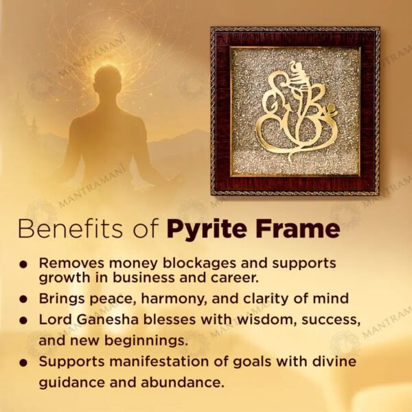 MantraMani Ganesh Ji Raw Pyrite Frame for Prosperity and Good Fortune