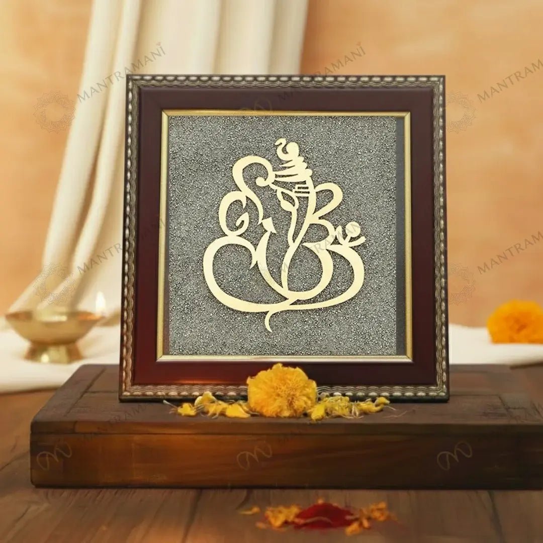MantraMani Ganesh Ji Raw Pyrite Frame for Prosperity and Good Fortune