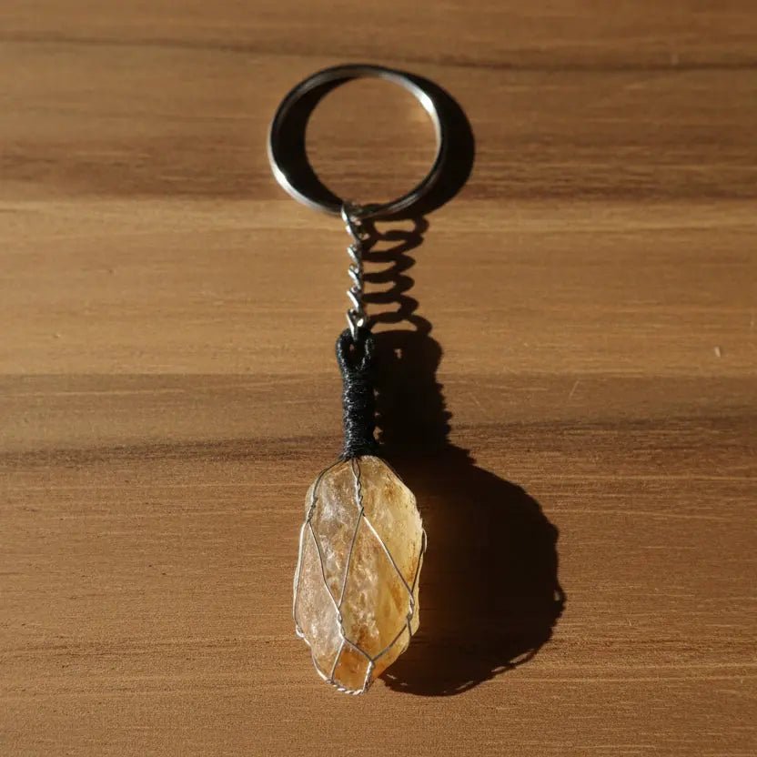 MantraMani Citrine Keychain for Wealth Attraction & Career Success - Energized Vedic Gemstone Jewelry - MantraMani