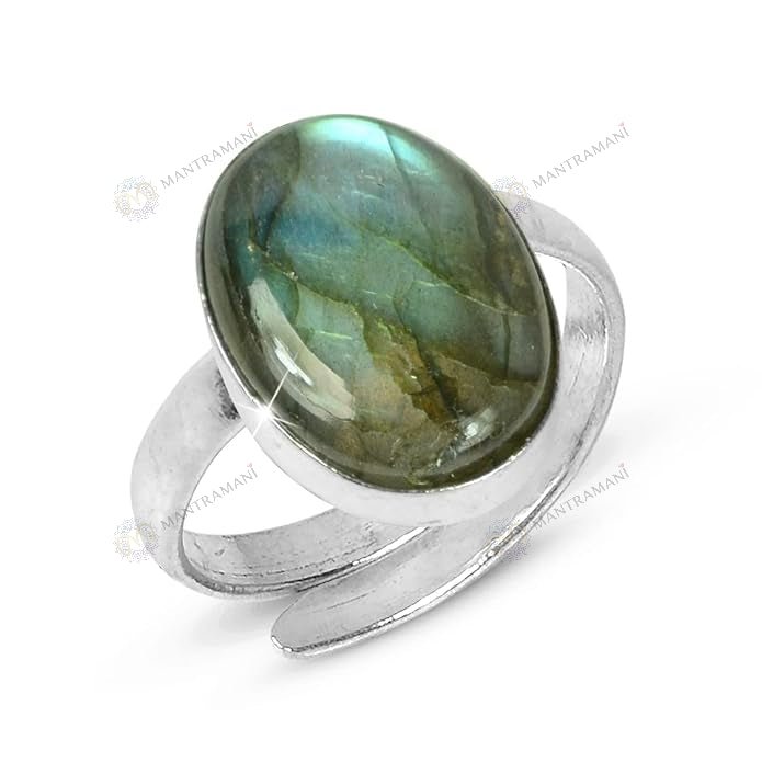 MantraMani Labradorite Ring: Awaken Your Inner Power & Open Your Third Eye Chakra - Energized Vedic Gemstone Jewelry - M...