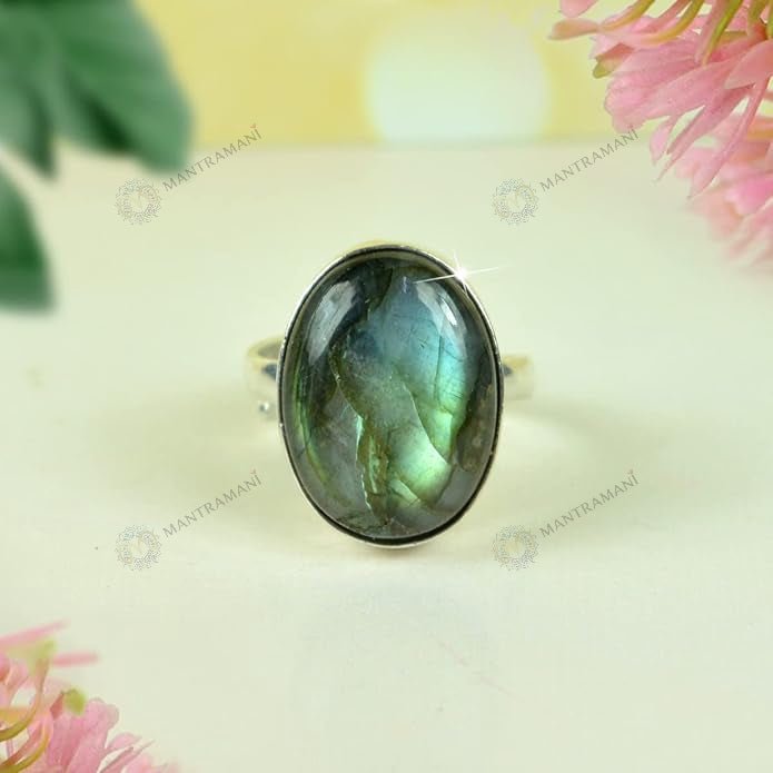 MantraMani Labradorite Ring: Awaken Your Inner Power & Open Your Third Eye Chakra - Energized Vedic Gemstone Jewelry - M...