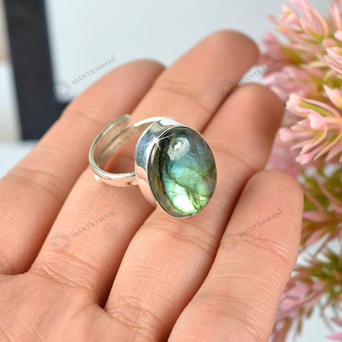 MantraMani Labradorite Ring: Awaken Your Inner Power & Open Your Third Eye Chakra - Energized Vedic Gemstone Jewelry - M...