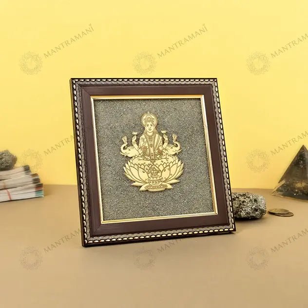 MantraMani Goddess of Wealth & Fortune Gajalakshmi Raw Pyrite Frame with FREE Raw Pyrite Stone