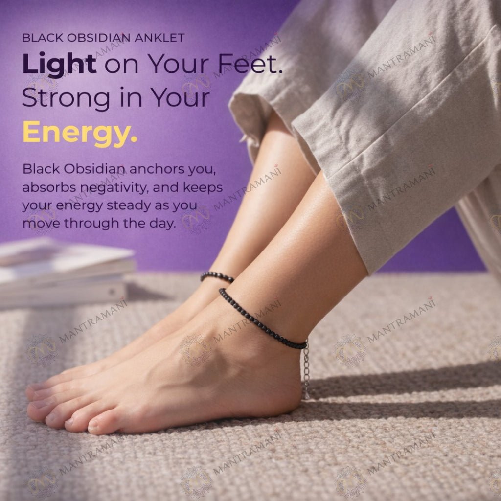 MantraMani Black Obsidian Anklet - Energized Vedic Gemstone Jewelry - MantraMani