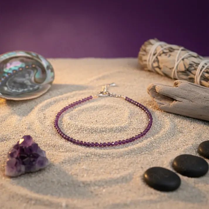MantraMani Divine Aura Amethyst Anklet 3mm - Energized Vedic Gemstone Jewelry - MantraMani