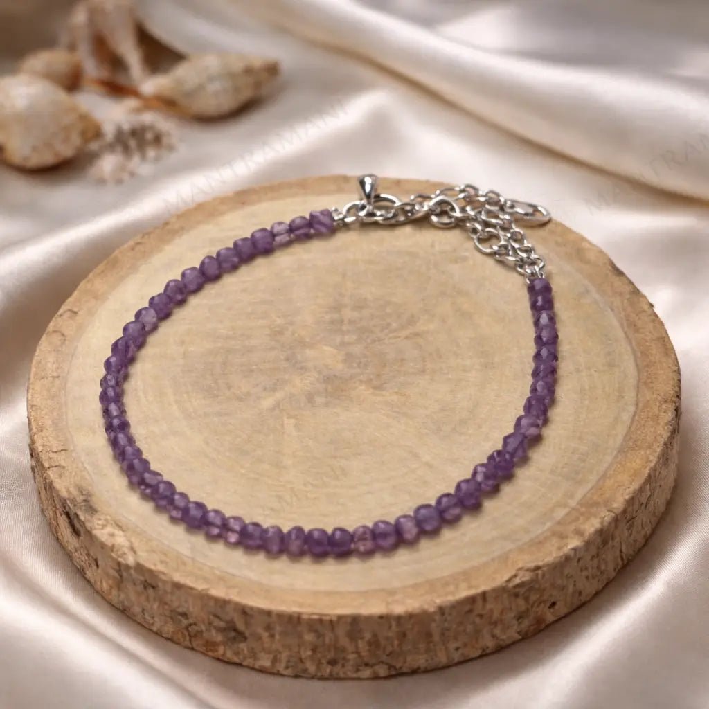 MantraMani Divine Aura Amethyst Anklet 3mm – For intuition, balance & spiritual harmony