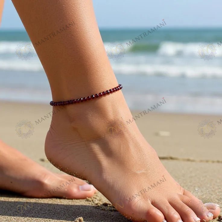MantraMani Red Garnet Crystal Anklet - Energized Vedic Gemstone Jewelry - MantraMani
