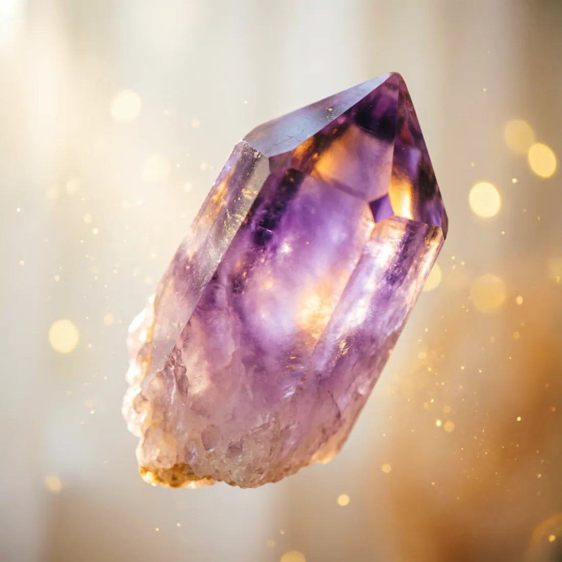 Amethyst crystal glowing in warm golden light