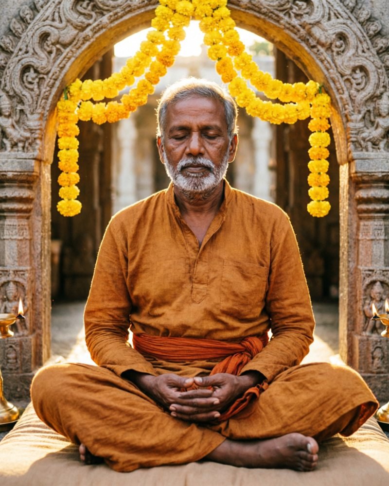 Astrologer in meditation beneath a marigold-draped temple arch