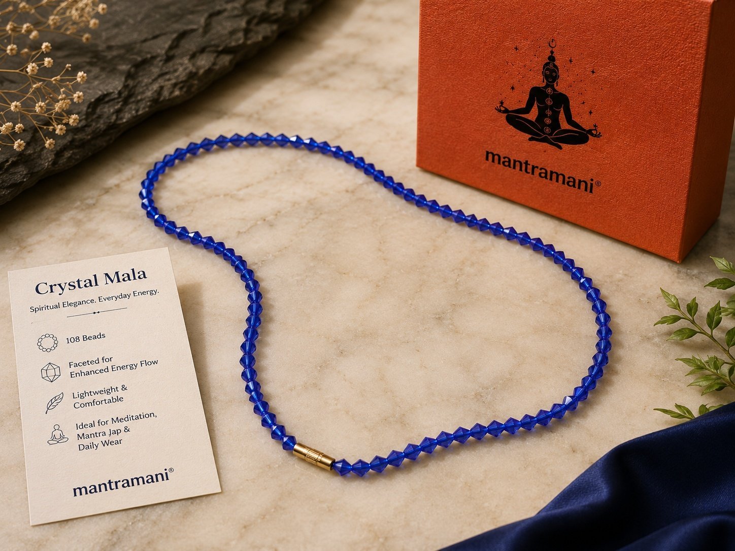MantraMani Blue Sapphire Gemstone Mala – 2-3 mm Micro-Faceted Beads (18 Inch)
