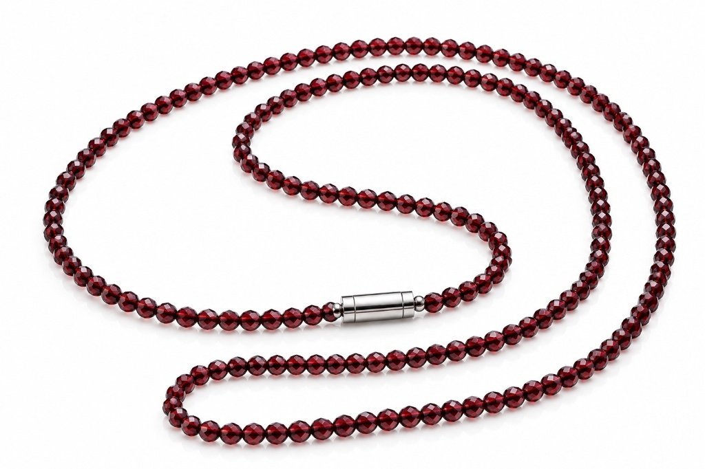 MantraMani Natural Red Garnet Gemstone Mala – 2-3 mm Micro-Faceted Beads (18 Inch)