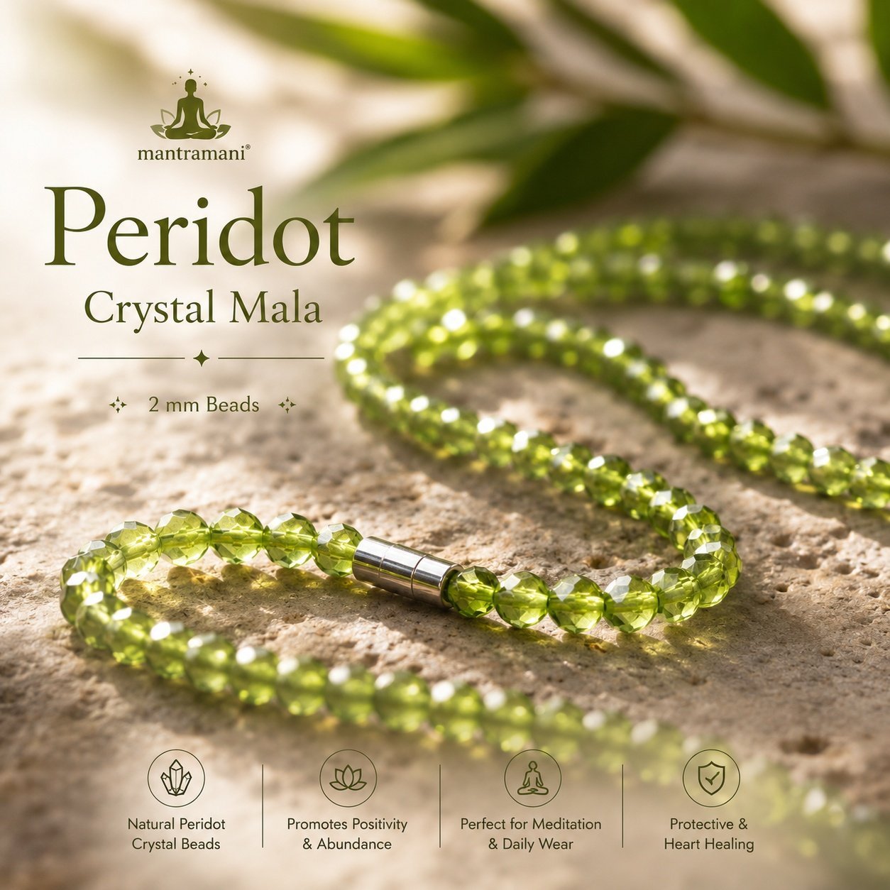 MantraMani Natural Green Peridot Gemstone Mala – 2-3 mm Micro-Faceted Beads (18 Inch)