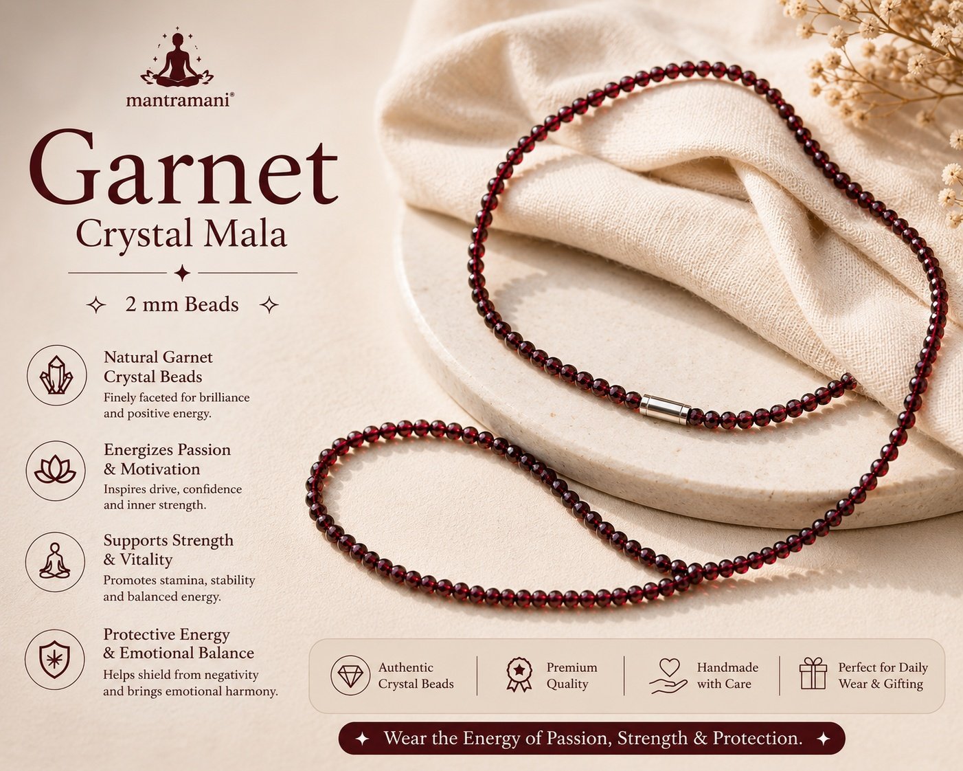 MantraMani Sphatik Clear Quartz Gemstone Mala – 2-3 mm Micro-Faceted Beads (18 Inch)