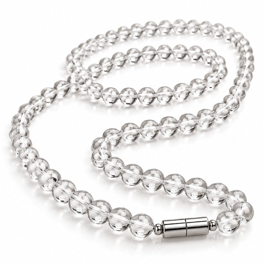 MantraMani Sphatik Clear Quartz Gemstone Mala – 2-3 mm Micro-Faceted Beads (18 Inch)