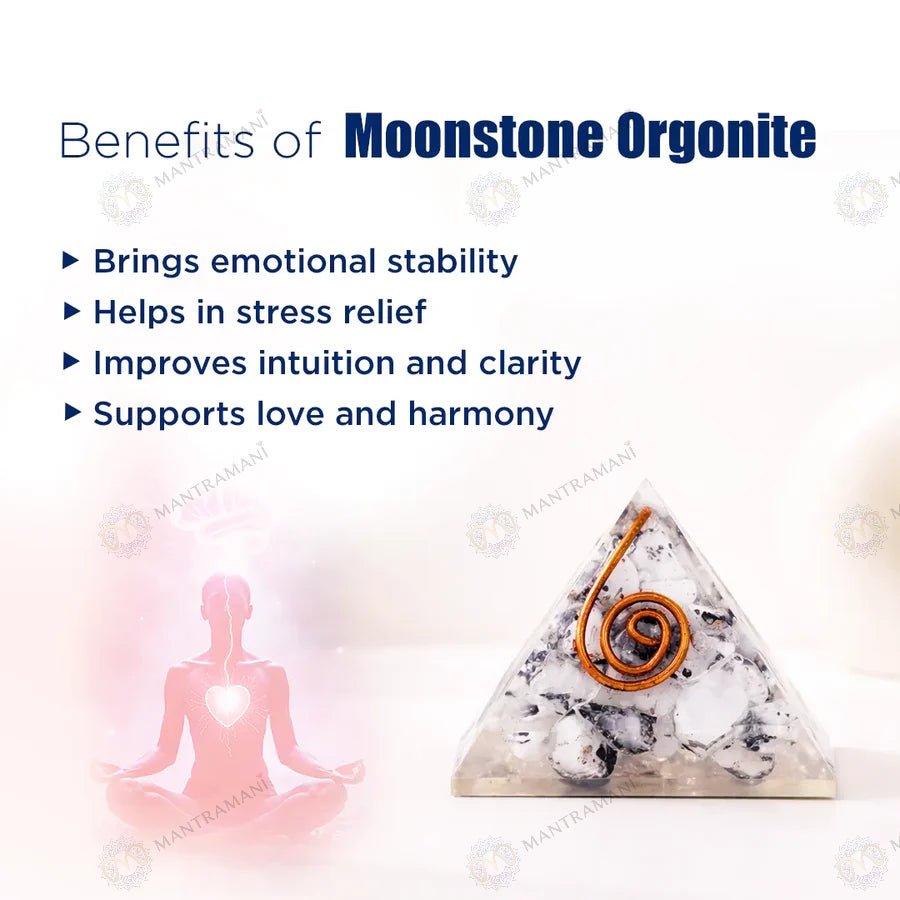 MantraMani Moonstone Orgonite Pyramid – Emotional Balance, Intuition & Harmony Crystal