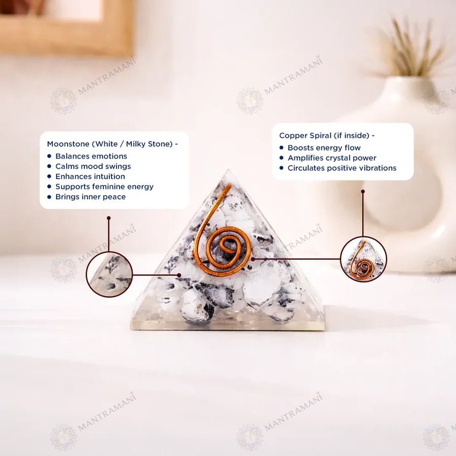 MantraMani Moonstone Orgonite Pyramid - Energized Vedic Gemstone Jewelry - MantraMani