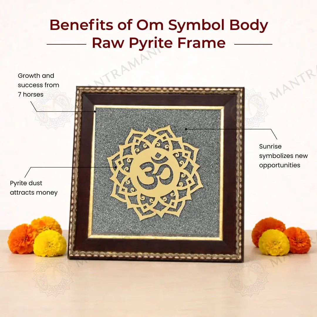 MantraMani Om Symbol Raw Pyrite Frame - Energized Vedic Gemstone Jewelry - MantraMani