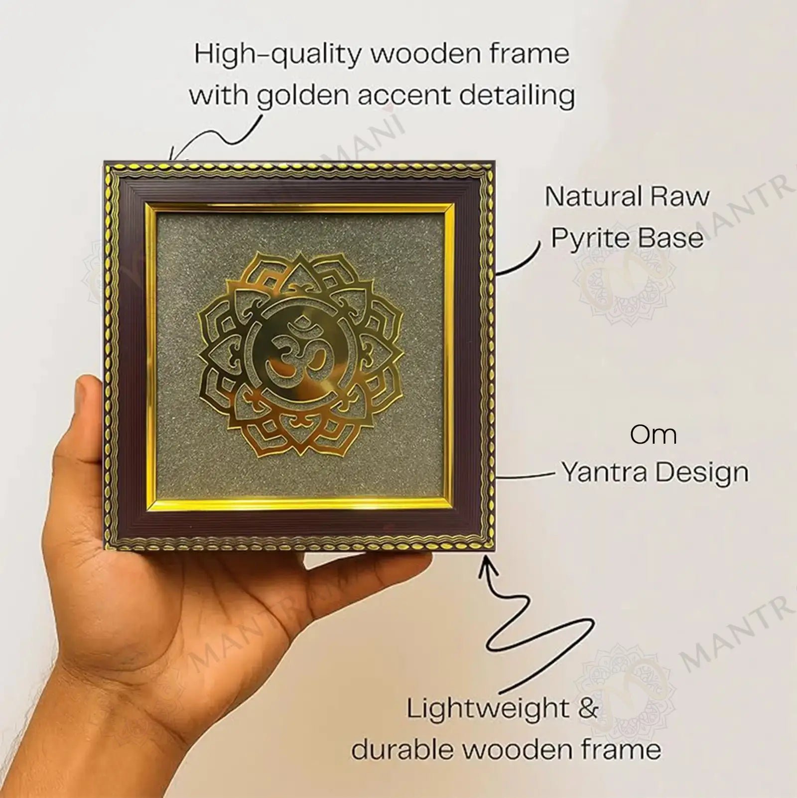 MantraMani Om Symbol Raw Pyrite Frame - Energized Vedic Gemstone Jewelry - MantraMani