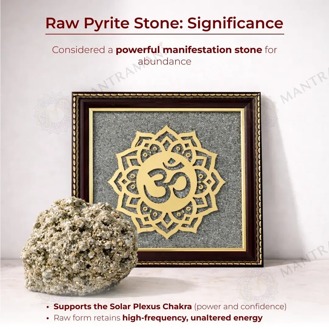 MantraMani Om Symbol Raw Pyrite Frame - Meditative Mandala for Peace & Cosmic Energy