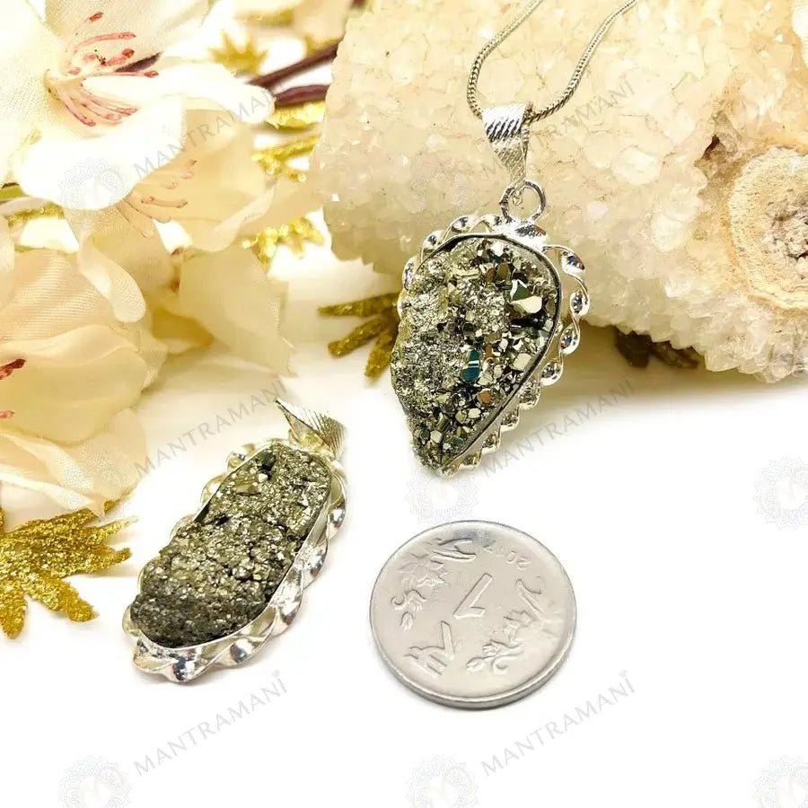 MantraMani Raw Pyrite Pendant - Energized Vedic Gemstone Jewelry - MantraMani