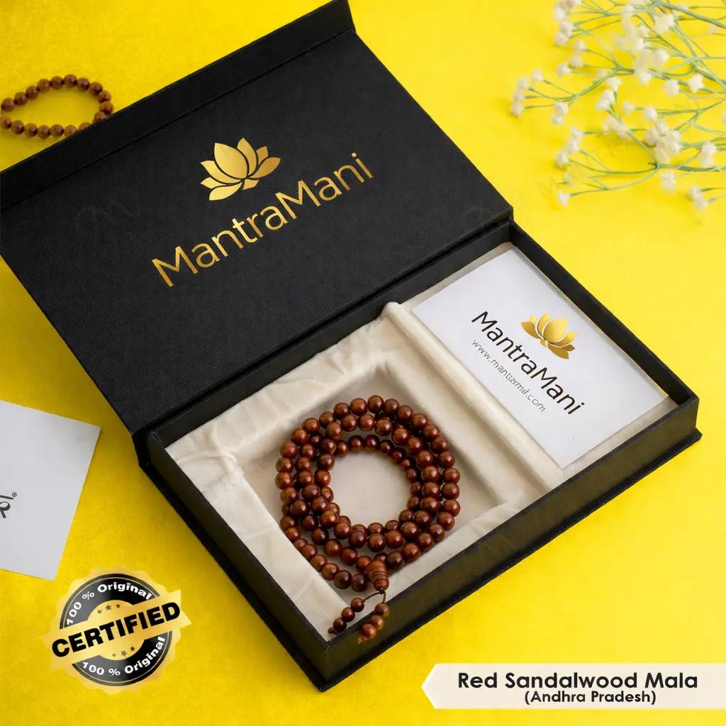 MantraMani Red Sandalwood Beads Mala - Energized Vedic Gemstone Jewelry - MantraMani