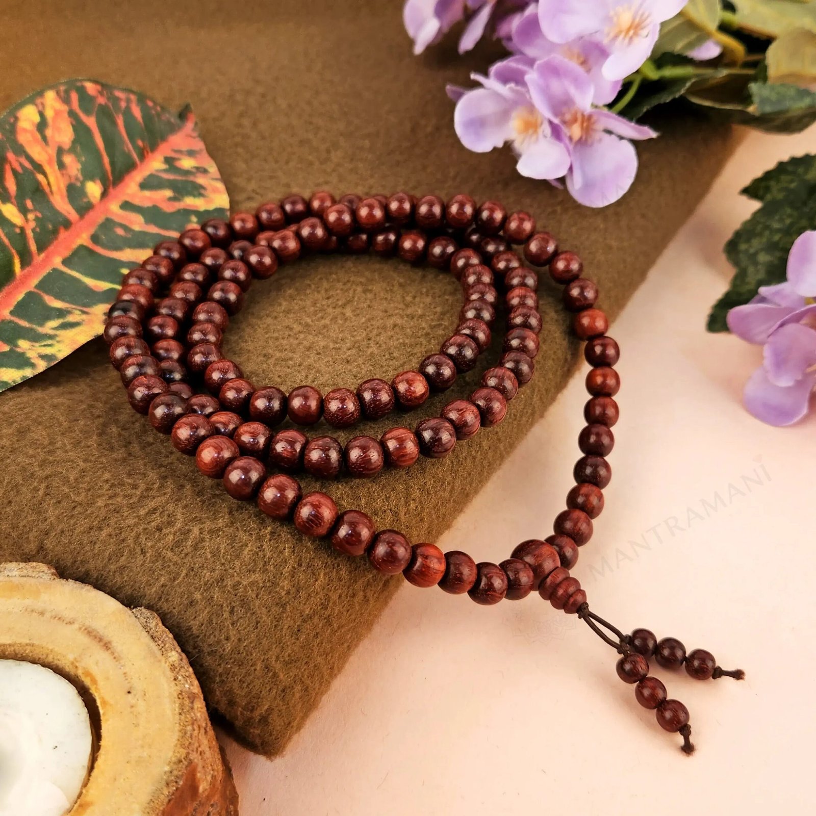 MantraMani Red Sandalwood Beads Mala - Energized Vedic Gemstone Jewelry - MantraMani