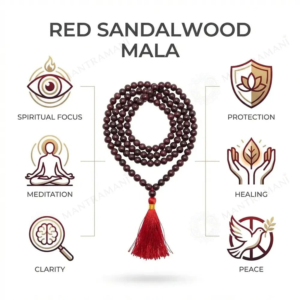 MantraMani Red Sandalwood Beads Mala - Energized Vedic Gemstone Jewelry - MantraMani