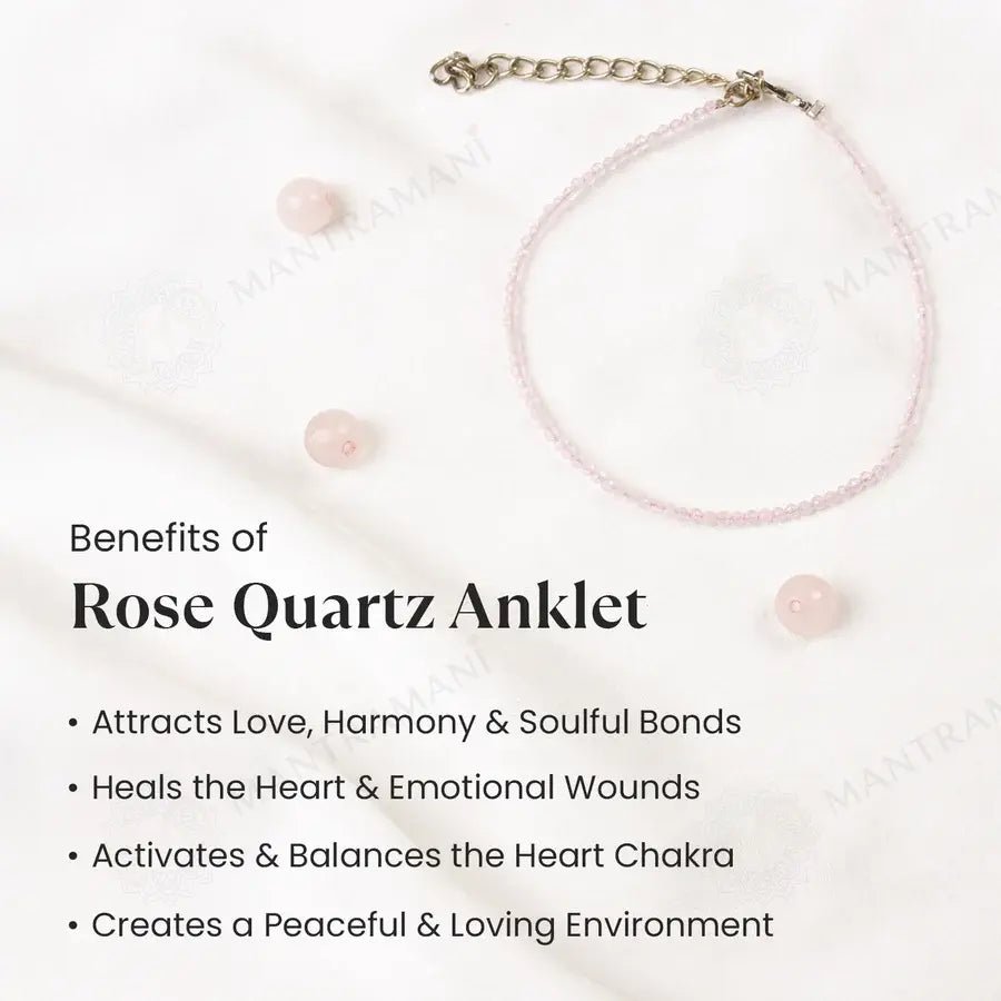 MantraMani Rose Quartz Diamond Cut Anklet: Improve Love, Relationship & Emotional Connection - Energized Vedic Gemstone ...