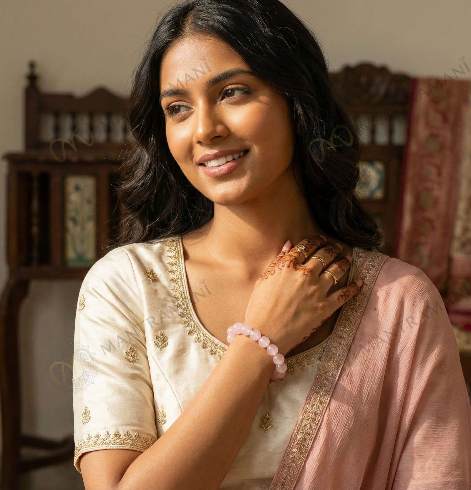MantraMani clat Roselle Rose Quartz Bracelet - Energized Vedic Gemstone Jewelry - MantraMani