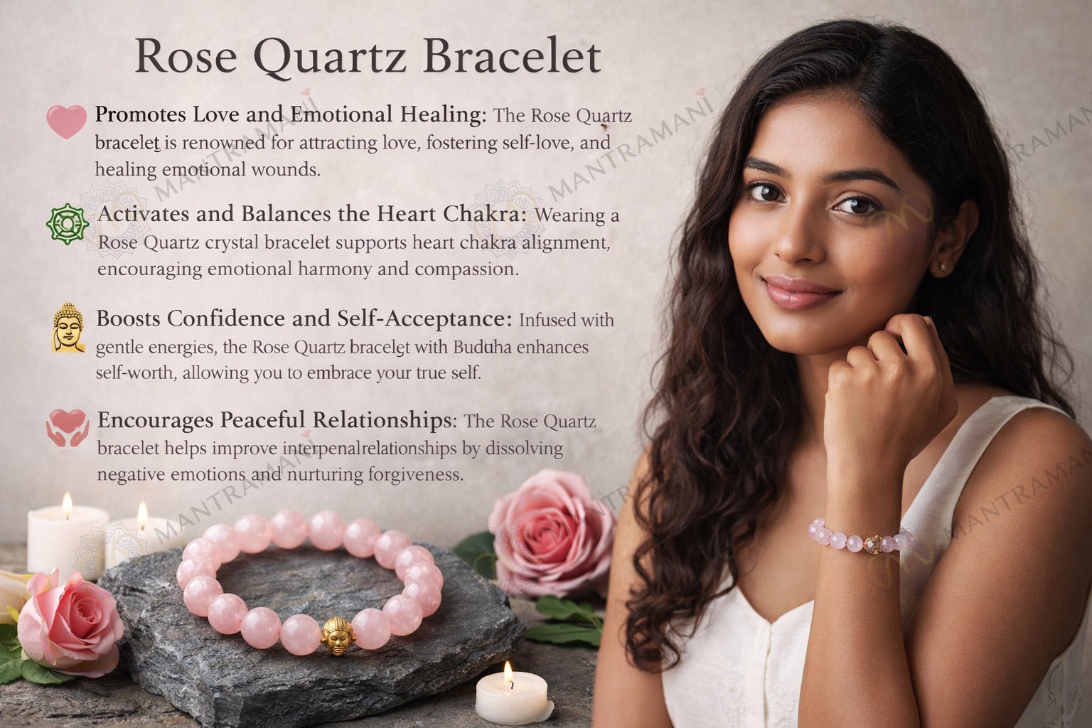 MantraMani clat Roselle Rose Quartz Bracelet - Energized Vedic Gemstone Jewelry - MantraMani