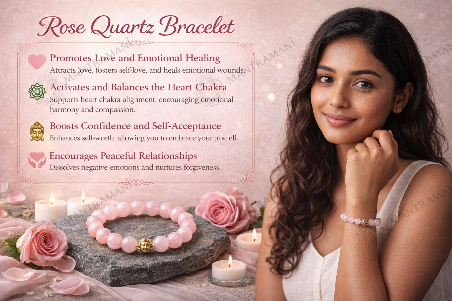 MantraMani clat Roselle Rose Quartz Bracelet - Energized Vedic Gemstone Jewelry - MantraMani