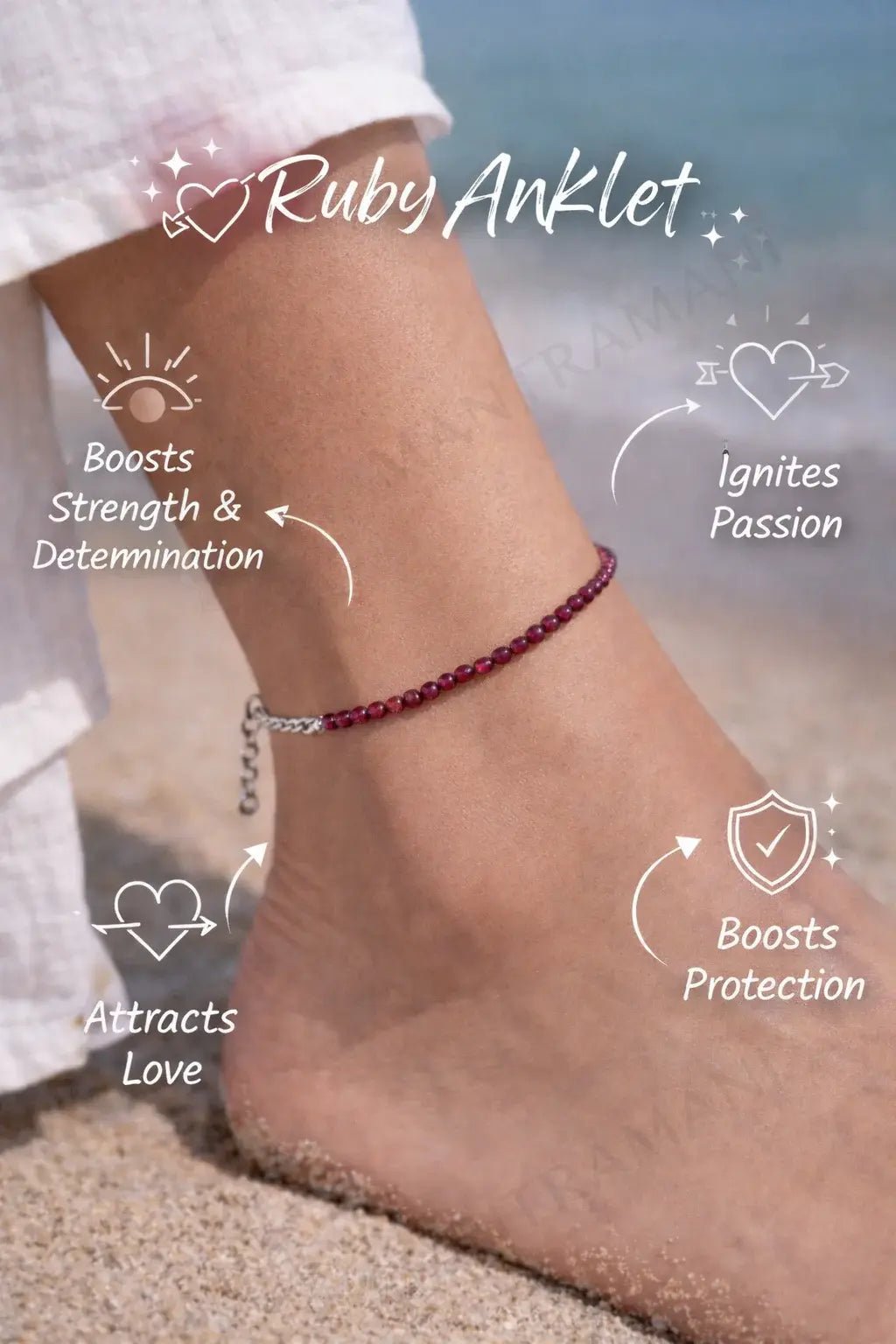 MantraMani Radiance Ruby Anklet 3mm – For confidence, courage & inner fire