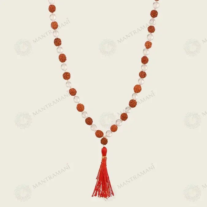 MantraMani Rudraksha & Clear Quartz (Rudraksha, Sphatik) - Energized Vedic Gemstone Jewelry - MantraMani
