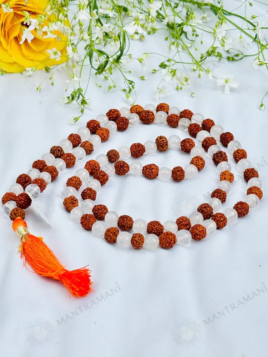 MantraMani Rudraksha & Clear Quartz (Rudraksha, Sphatik) - Energized Vedic Gemstone Jewelry - MantraMani