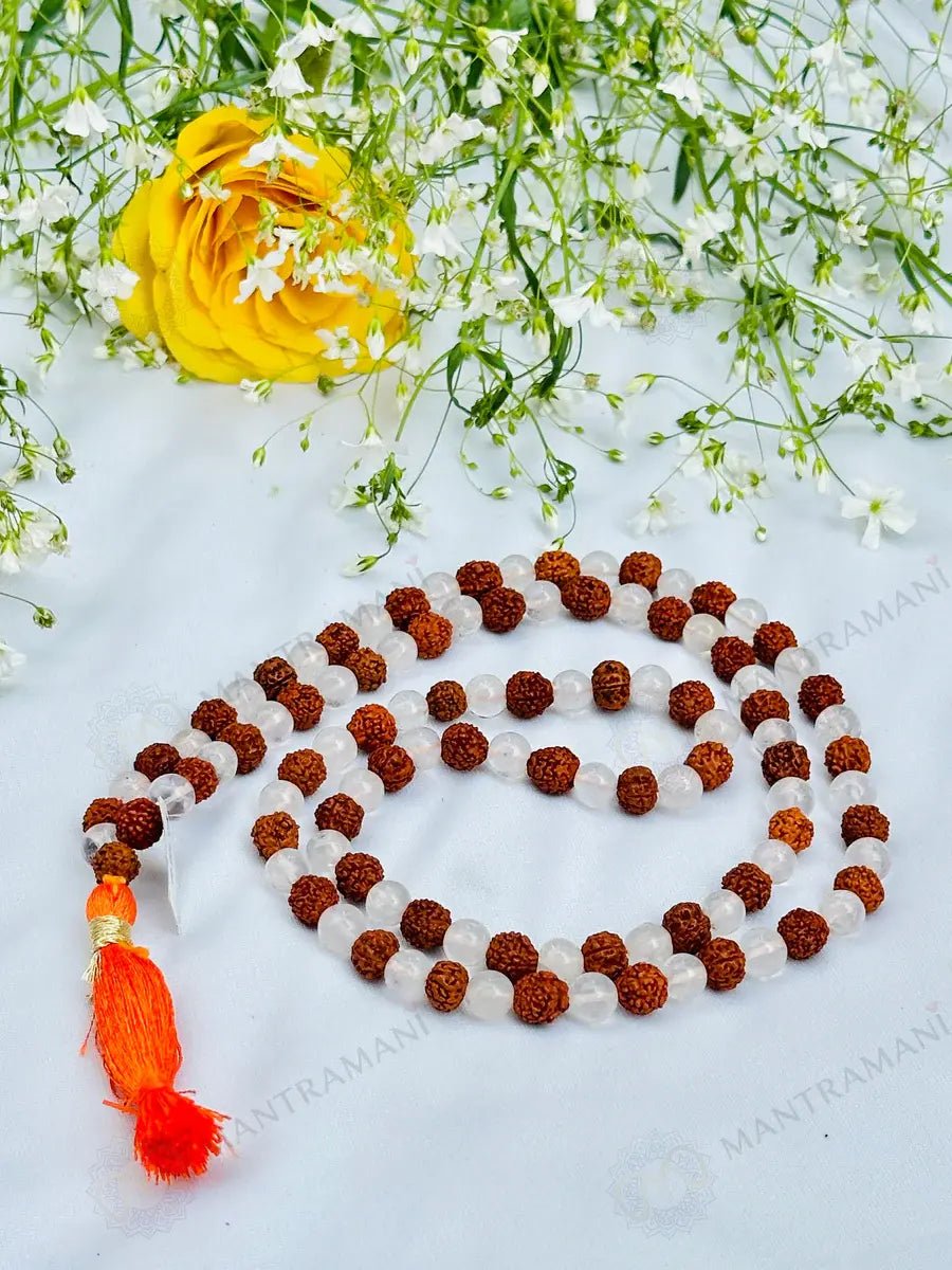 MantraMani Rudraksha & Clear Quartz (Rudraksha, Sphatik) - Energized Vedic Gemstone Jewelry - MantraMani