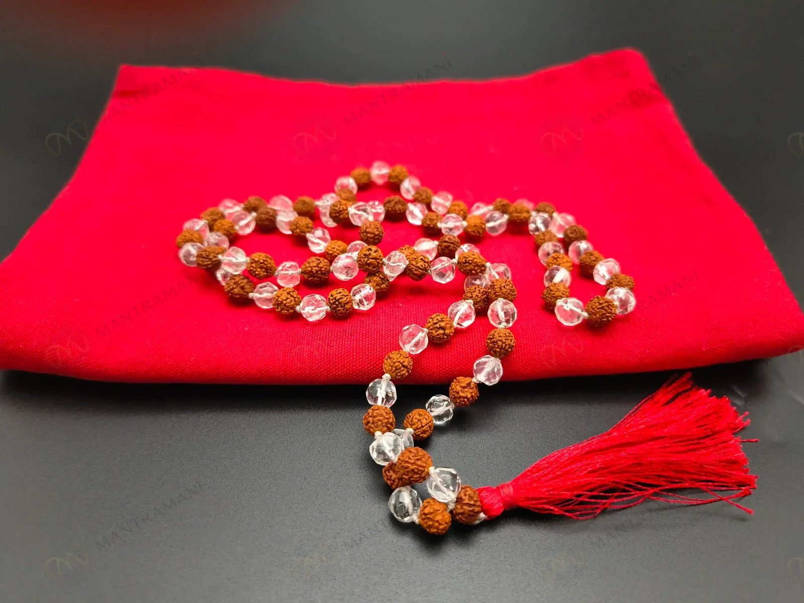 MantraMani Rudraksha & Clear Quartz (Rudraksha, Sphatik) - Energized Vedic Gemstone Jewelry - MantraMani