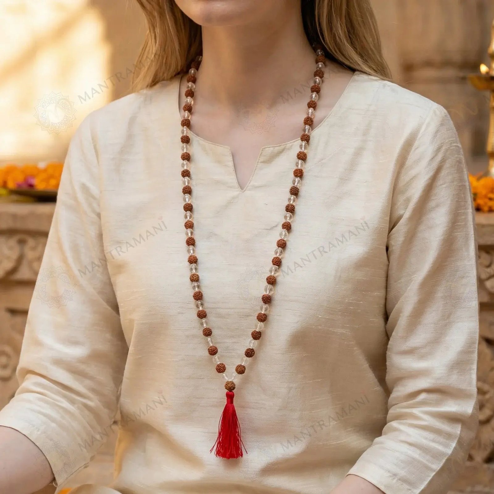 MantraMani Rudraksha & Clear Quartz (Rudraksha, Sphatik) - Energized Vedic Gemstone Jewelry - MantraMani
