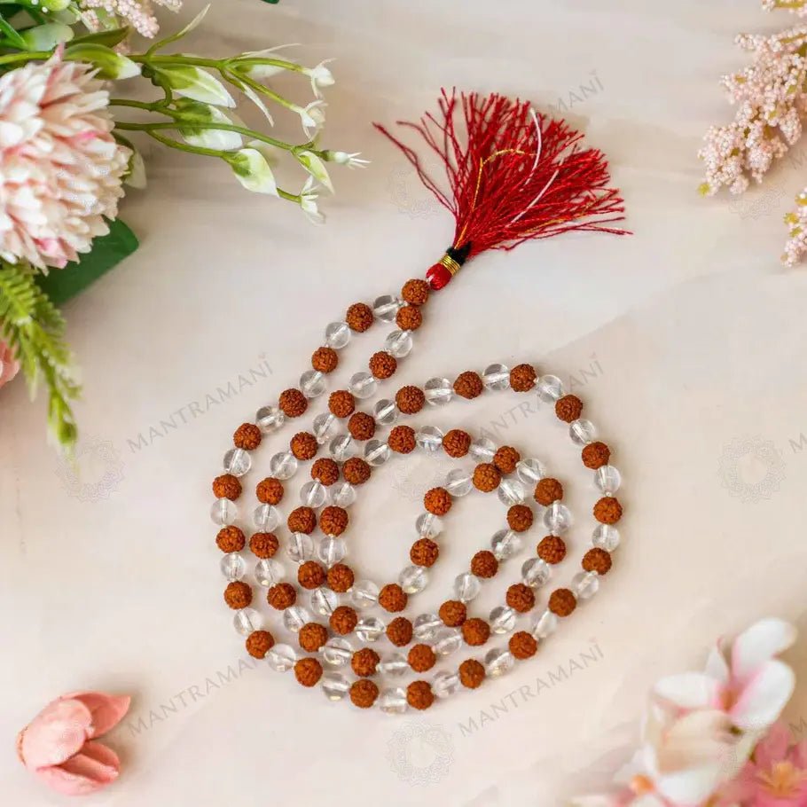 MantraMani Rudraksha & Clear Quartz (Rudraksha, Sphatik) – Mala - Spiritual Protection & Clarity - Shiva Healing