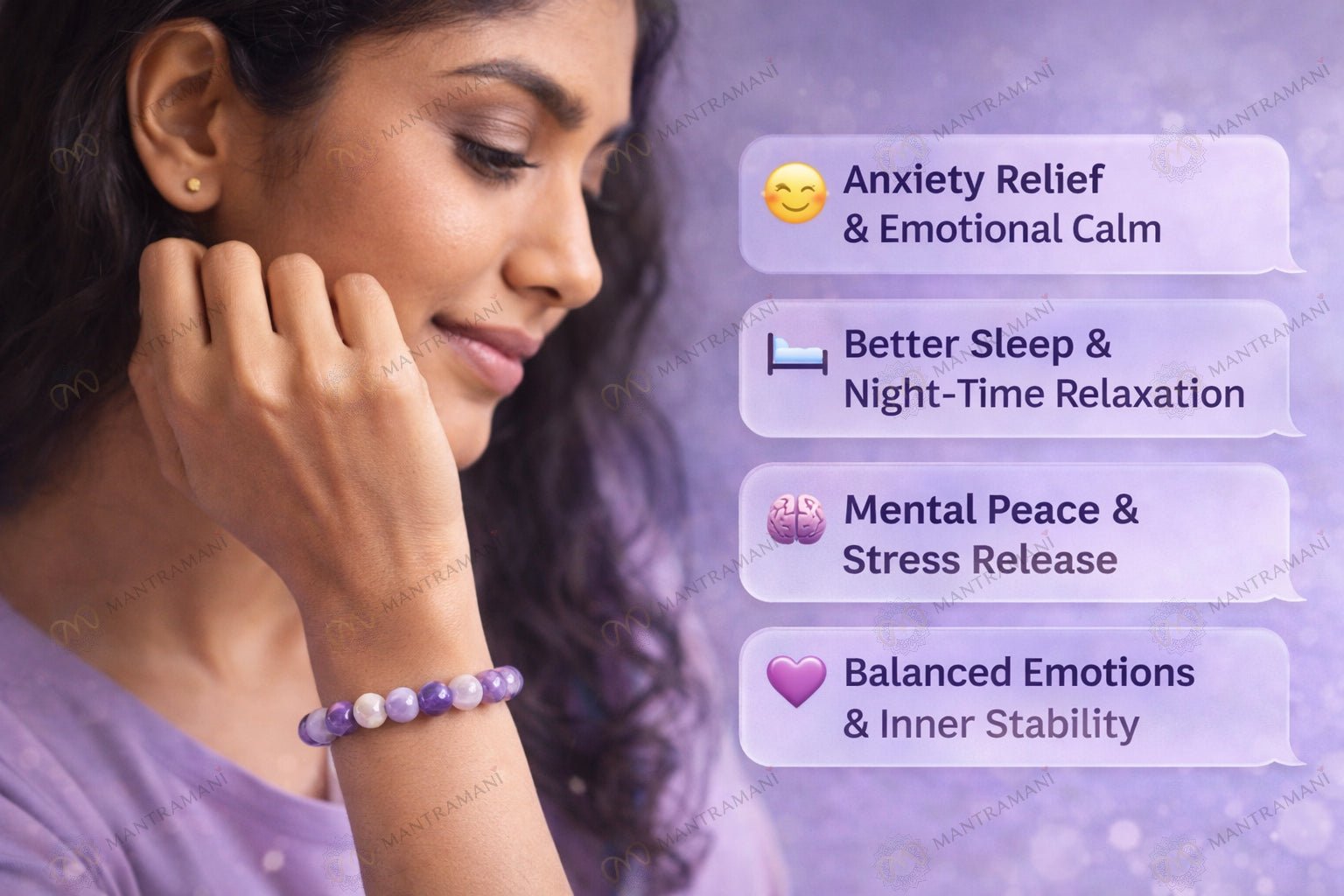 MantraMani Serena Mind  Calming Bracelet for Anxiety Relief, Sleep & Mental Peace - Energized Vedic Gemstone Jewelry - M...