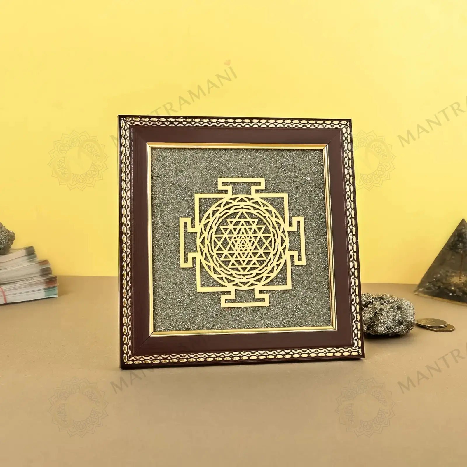 MantraMani Shree Yantra Raw Pyrite Frame for Wealth Manifestation with FREE Raw Pyrite Stone